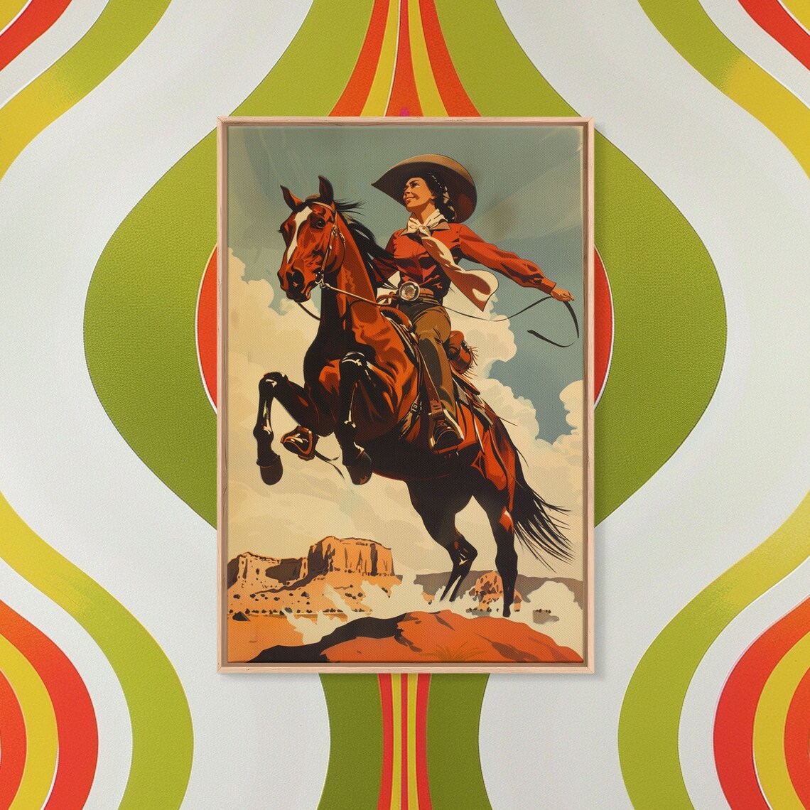 Vintage Cowgirl Riding Rearing Horse Desert Mesa Ranch Poster