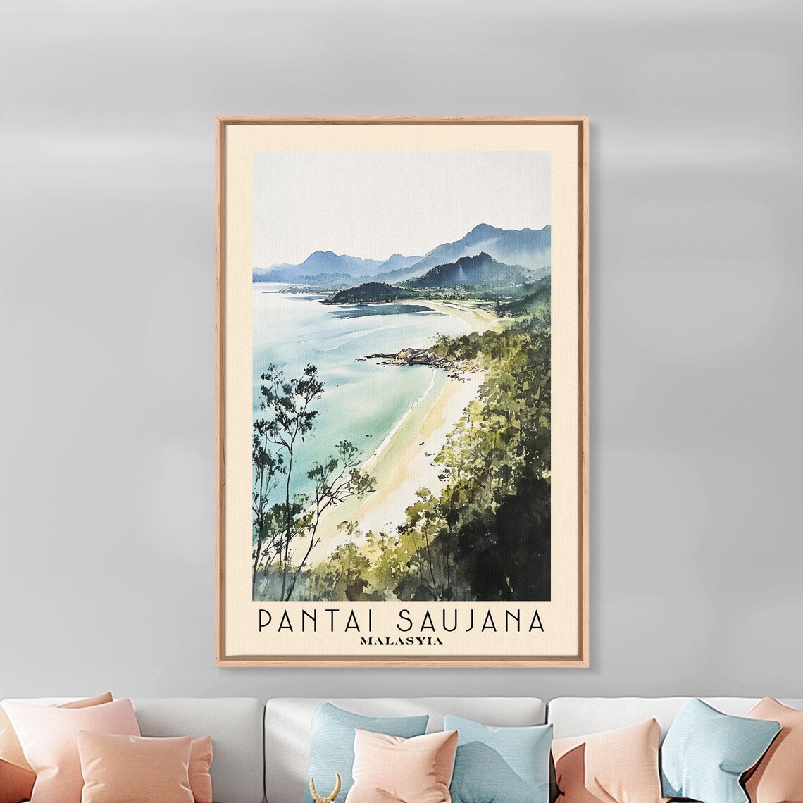 Pantai Saujana Malaysia Green Hills Bay Watercolor Scenic Travel Poster - Image 3