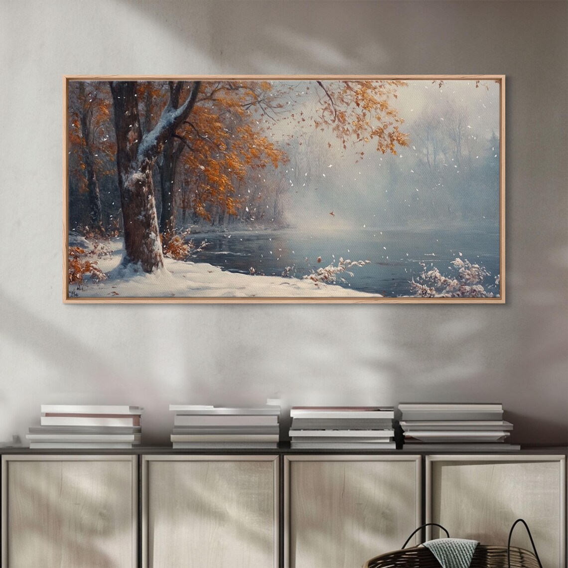 Autumn Lake Scene Golden Trees Falling Snow Icy Water Poster - Image 5