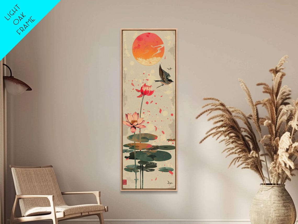 Pink Lotus Flowers Bird Red Sun Lily Pads Japanese Art Poster - Image 2