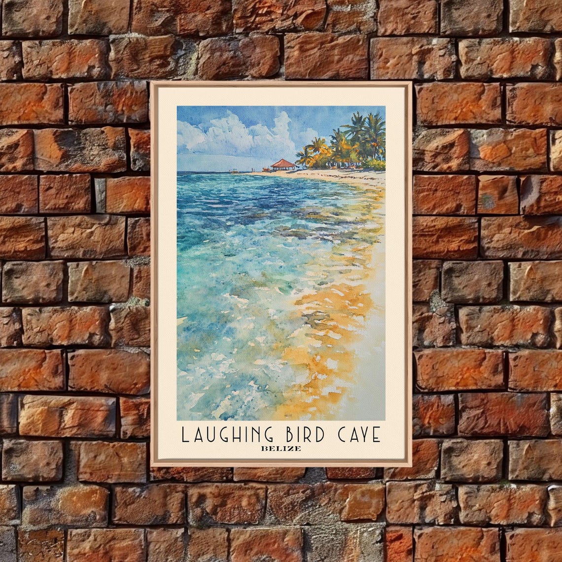 Laughing Bird Caye Belize Palm Lined Shore Beach Hut Watercolor Poster - Image 5