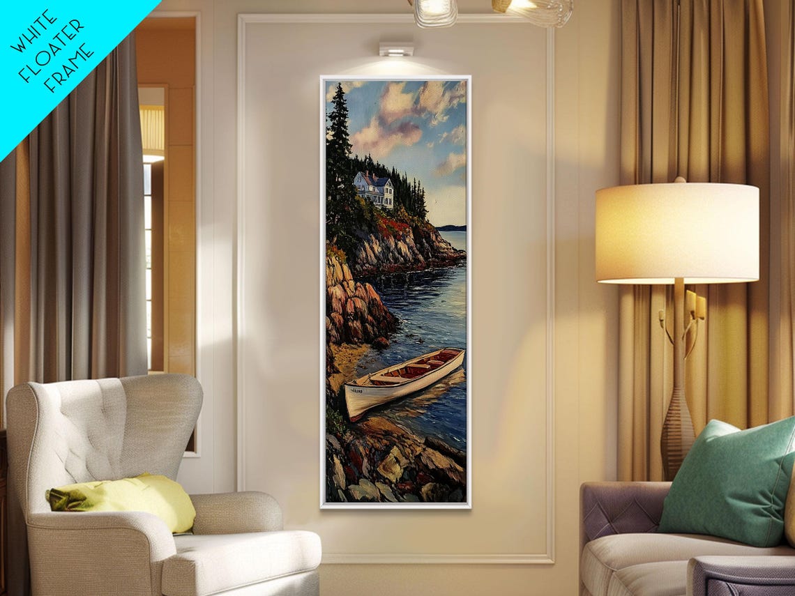 Coastal Cliff Cottage Rowboat Harbor Ocean Landscape Wall Art - Image 5