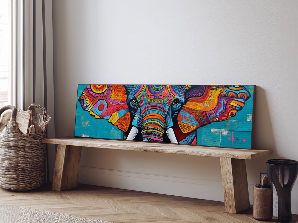 Vibrant Geometric Elephant Head Colorful Tribal Art Panoramic Wall Poster - Image 5