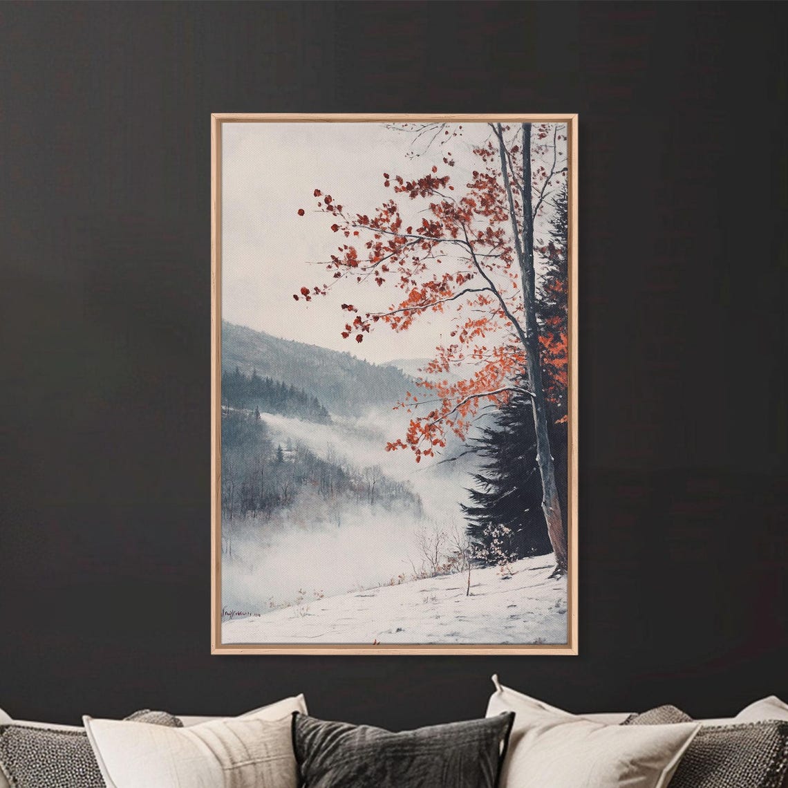Snowy Mountain Valley Winter Snow Red Leaves Landscape Poster - Image 2