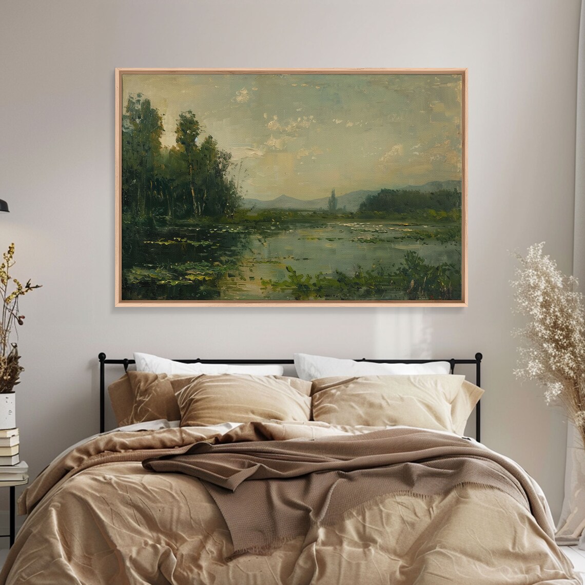 Golden Hour Lake Lily Pads Trees Vintage Impressionist Painting Print - Image 4