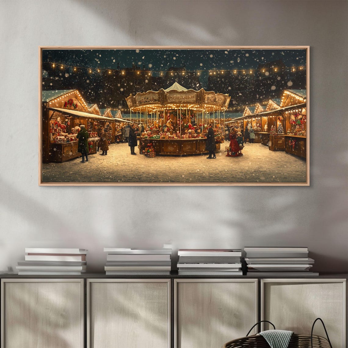 Night Christmas Market Carousel Snow String Lights Festive Poster - Image 2