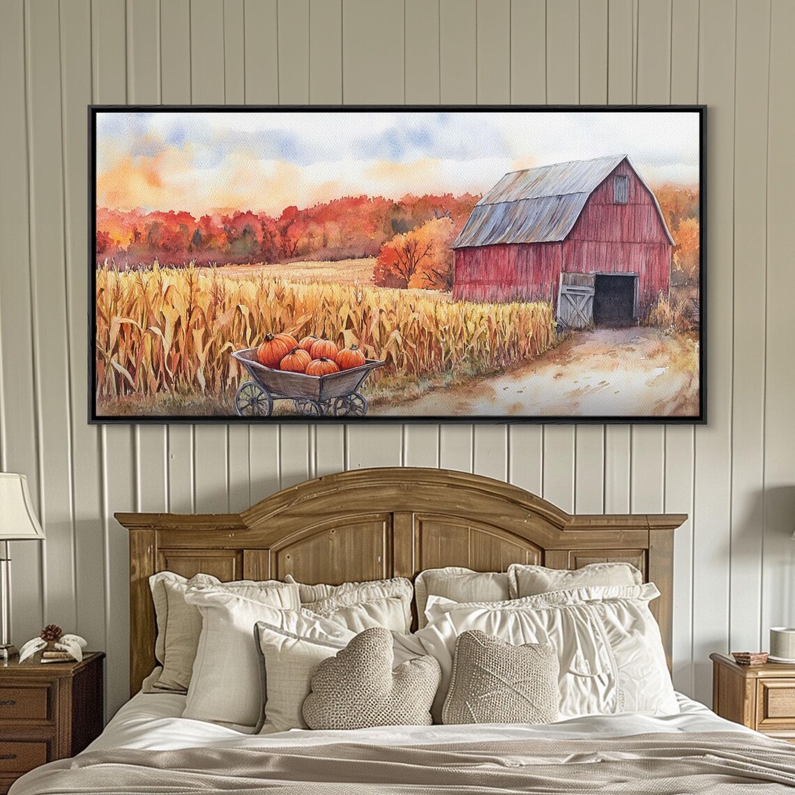 Red Barn Pumpkin Wheelbarrow Golden Cornfield Autumn Landscape Art Print - Image 4