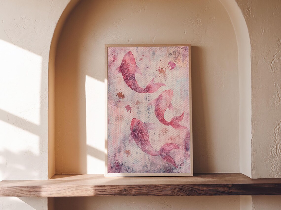 Three Pink Koi Fish Watercolor Artistic Japanese Style Wall Art Print - Image 5