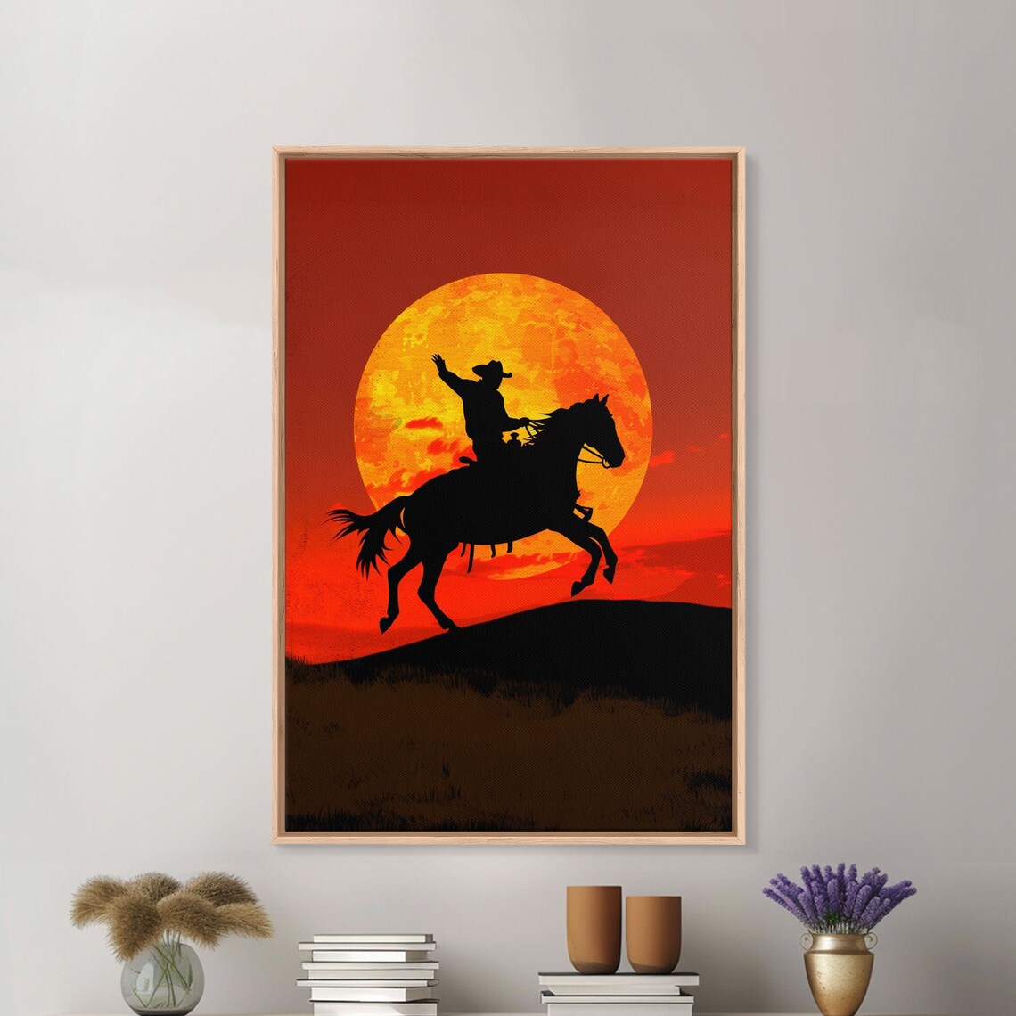 Cowboy Silhouette Galloping Horse Giant Orange Moon Wall Art - Image 5