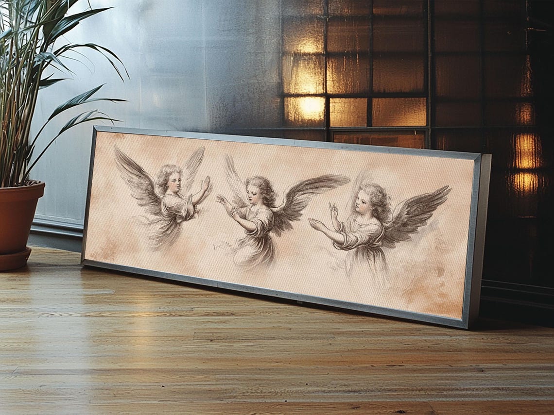 Three Cherub Angels Vintage Sepia Sketch Panoramic Angelic Wall Poster - Image 2
