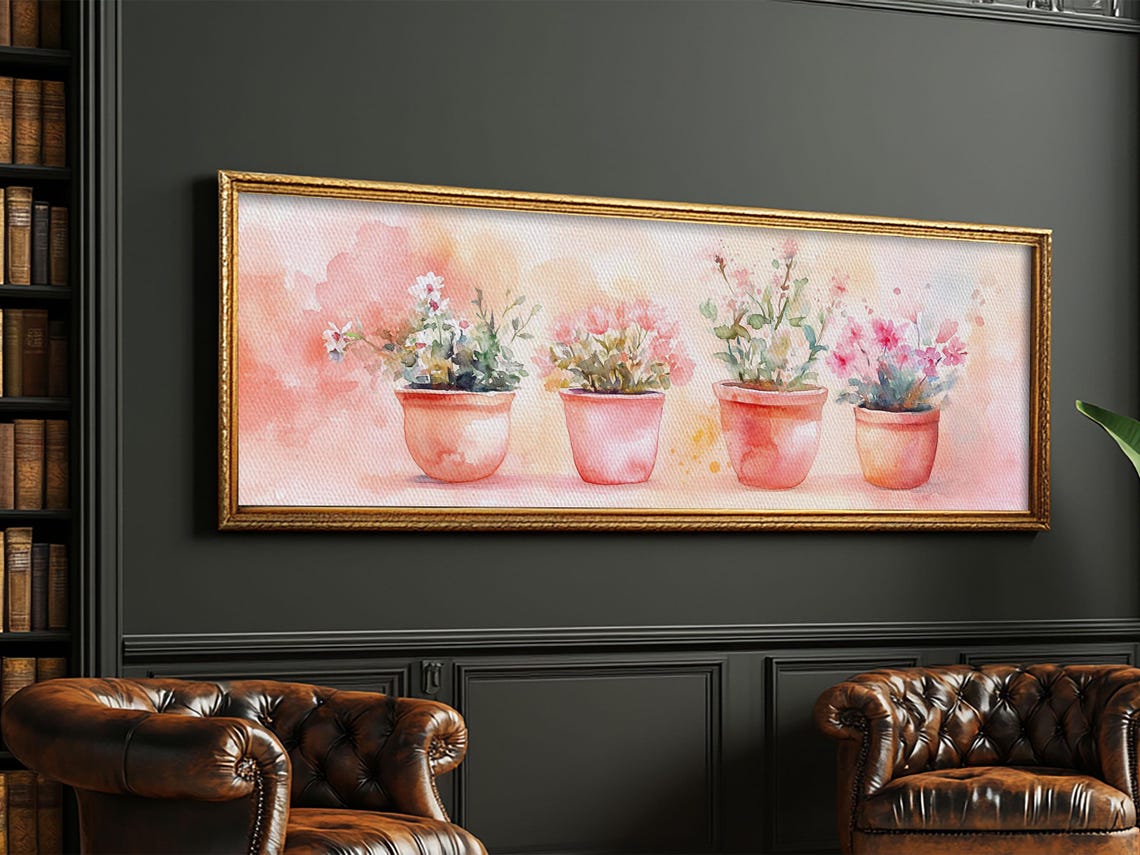 Potted Flower Blooming Plants Pink Watercolor Botanical Wall Art