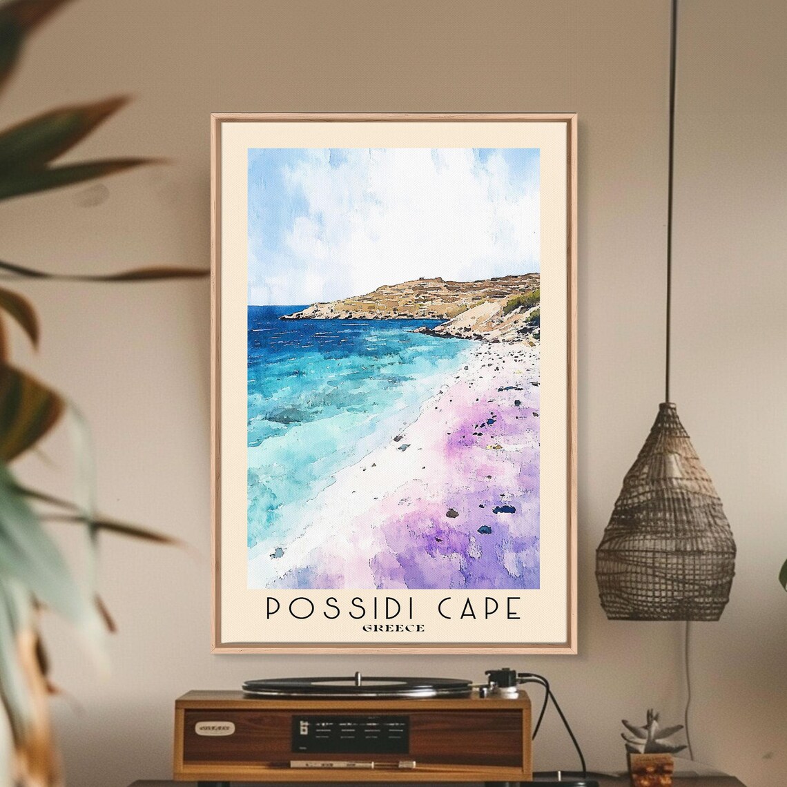 Possidi Cape Greece Violet Shore Turquoise Sea Watercolor Travel Poster - Image 2