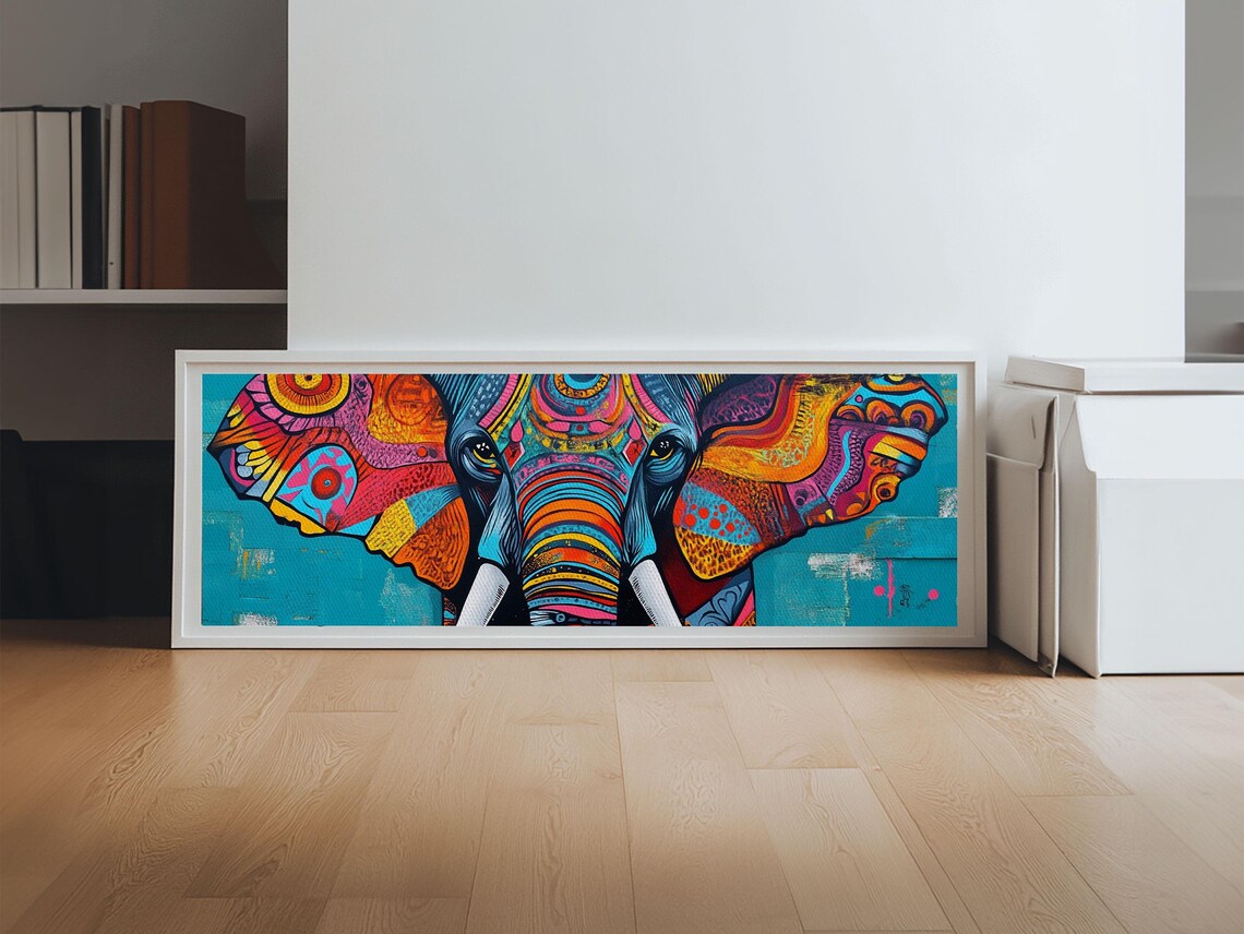 Vibrant Geometric Elephant Head Colorful Tribal Art Panoramic Wall Poster - Image 4
