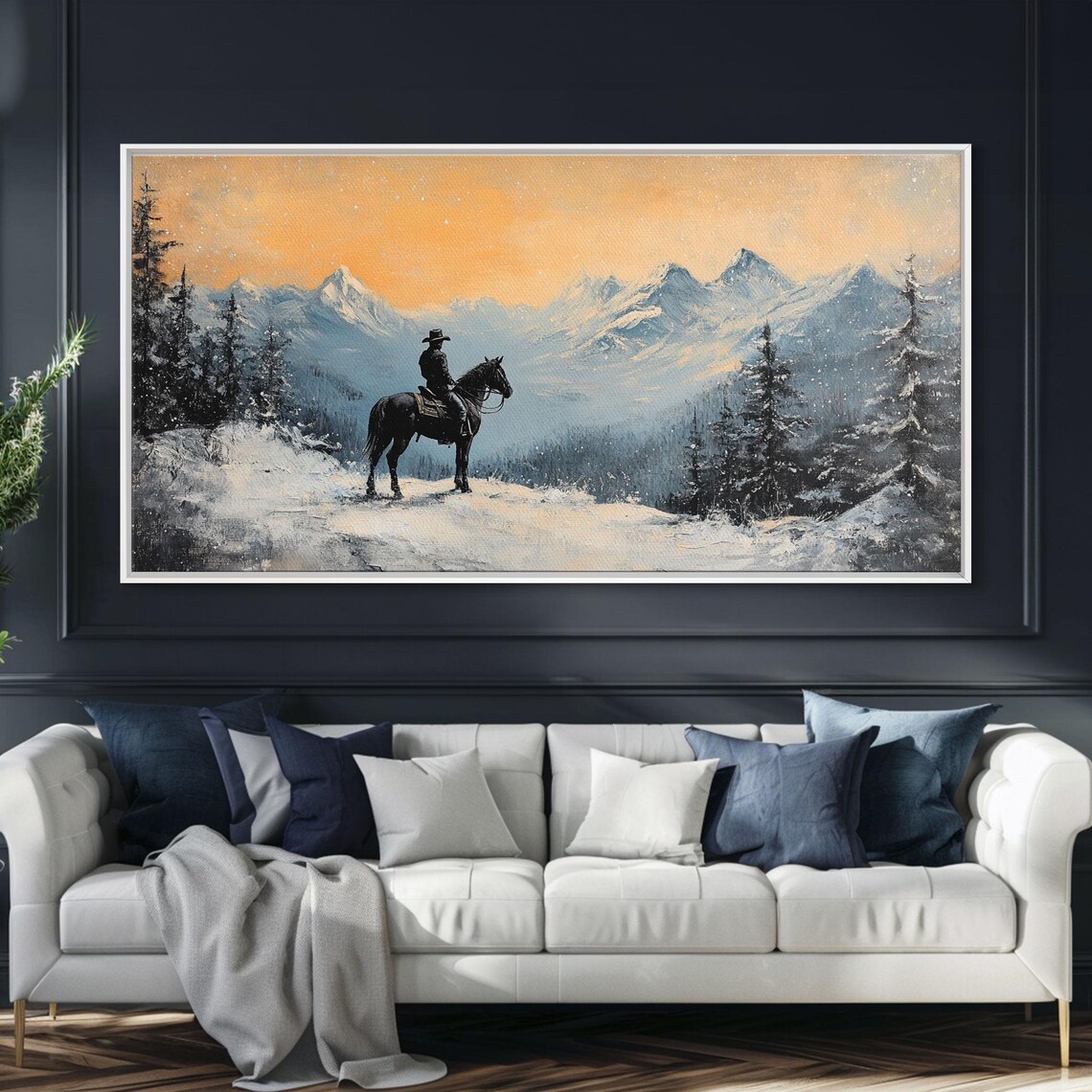 Lone Winter Cowboy On Horseback Snowy Mountain Sunset View Poster - Image 5