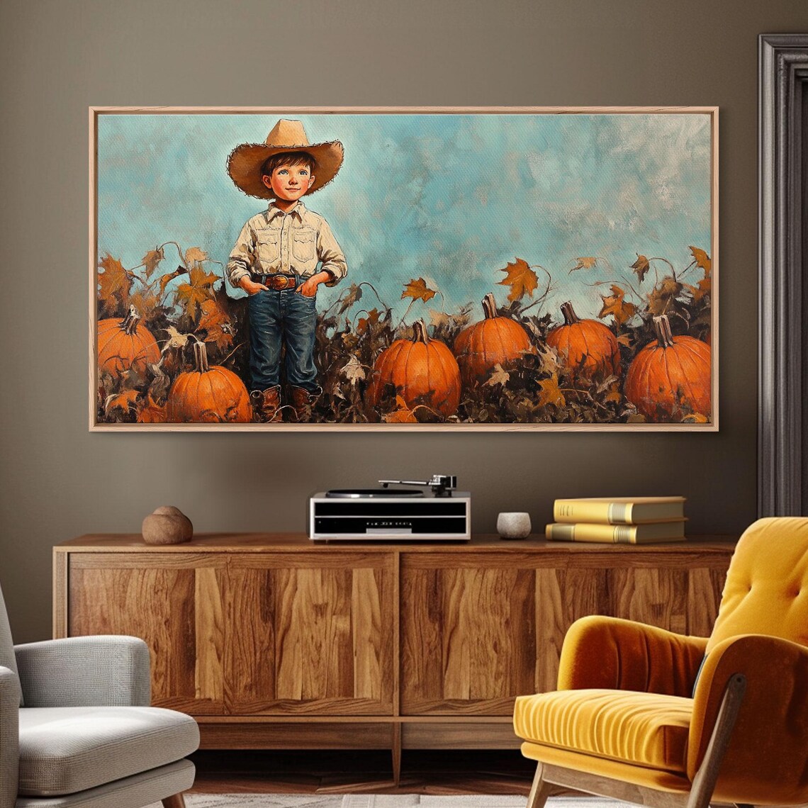 Little Cowboy In Big Hat Standing Among Pumpkins Fall Patch Retro Poster - Image 6