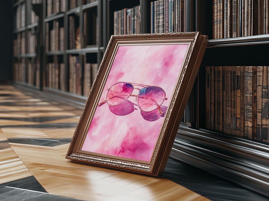 Pink Aviator Sunglasses Watercolor Summer Retro Fashion Wall Art Print - Image 5