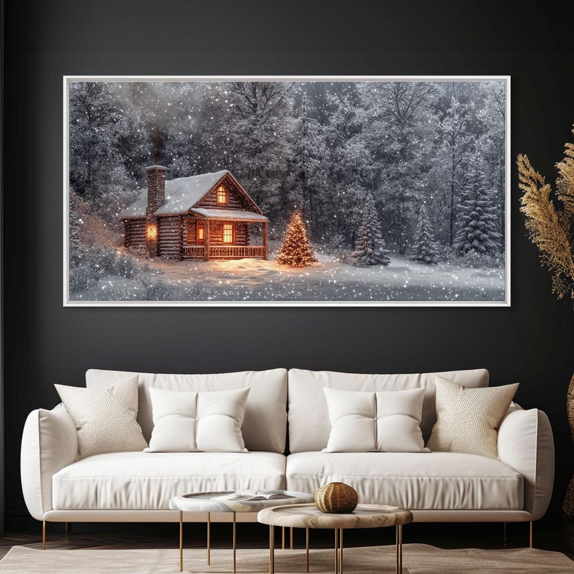 Winter Log Cabin Night Snowfall Lit Christmas Tree Rustic Poster - Image 4