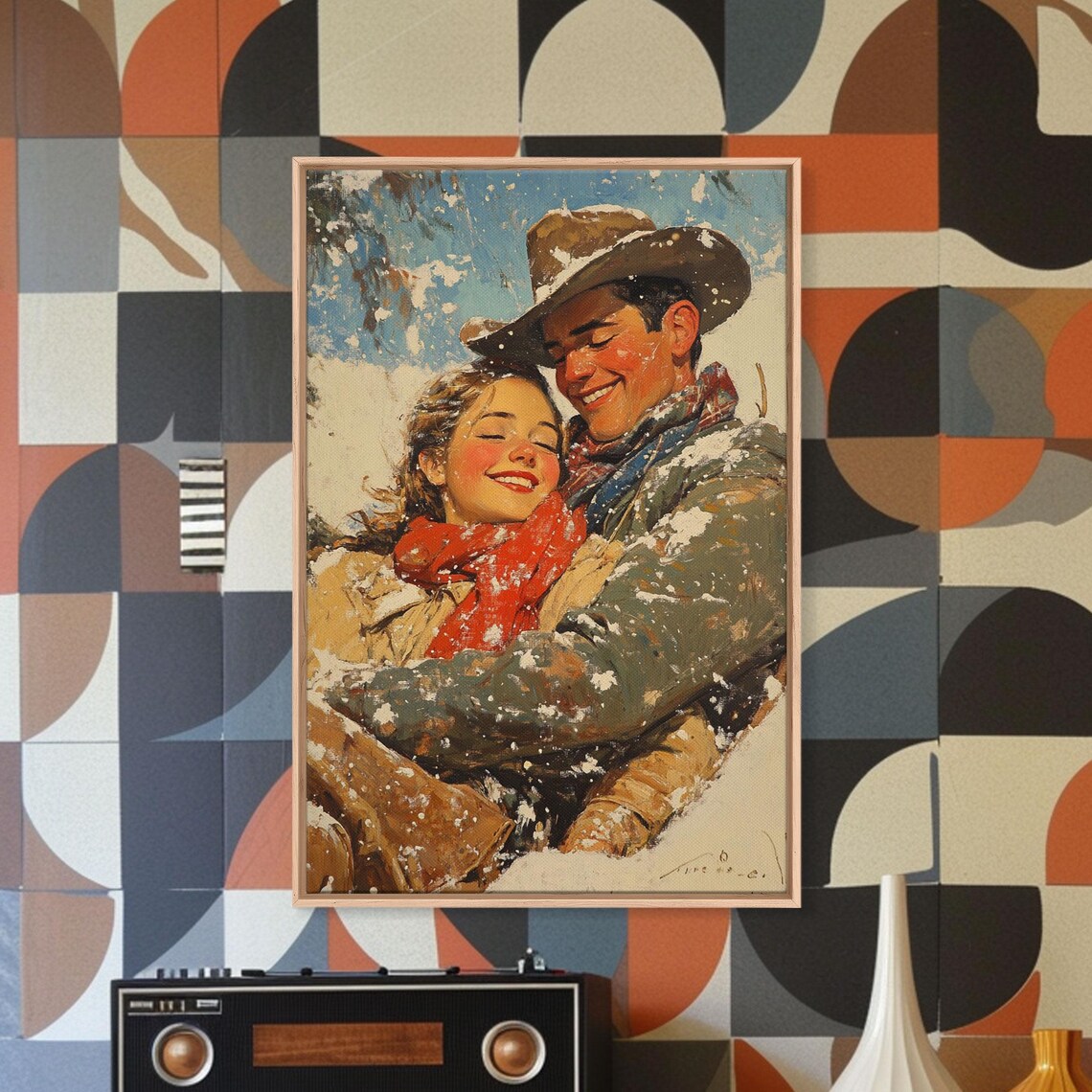 Snowy Couple Embrace Retro Christmas Art Print - Image 4