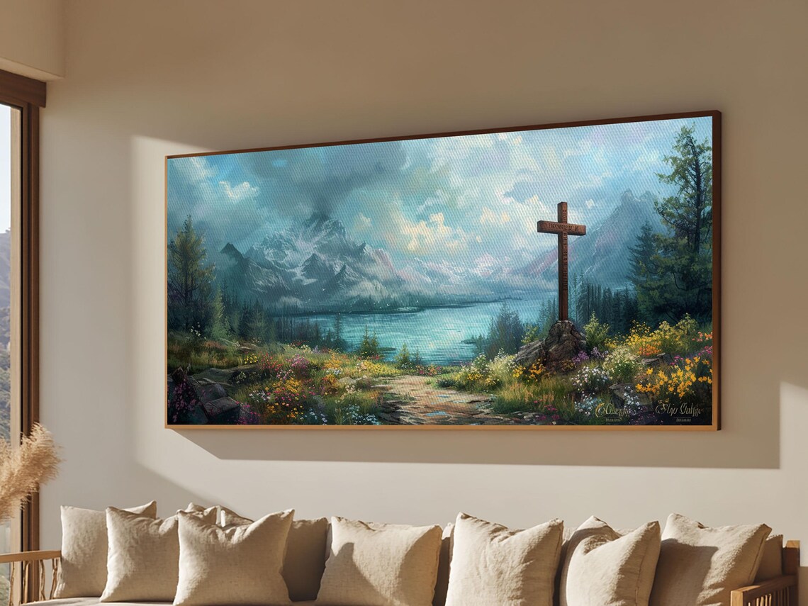 Wooden Cross In Mountain Lake Wildflower Meadow Christian Faith Wall Poster - Image 6