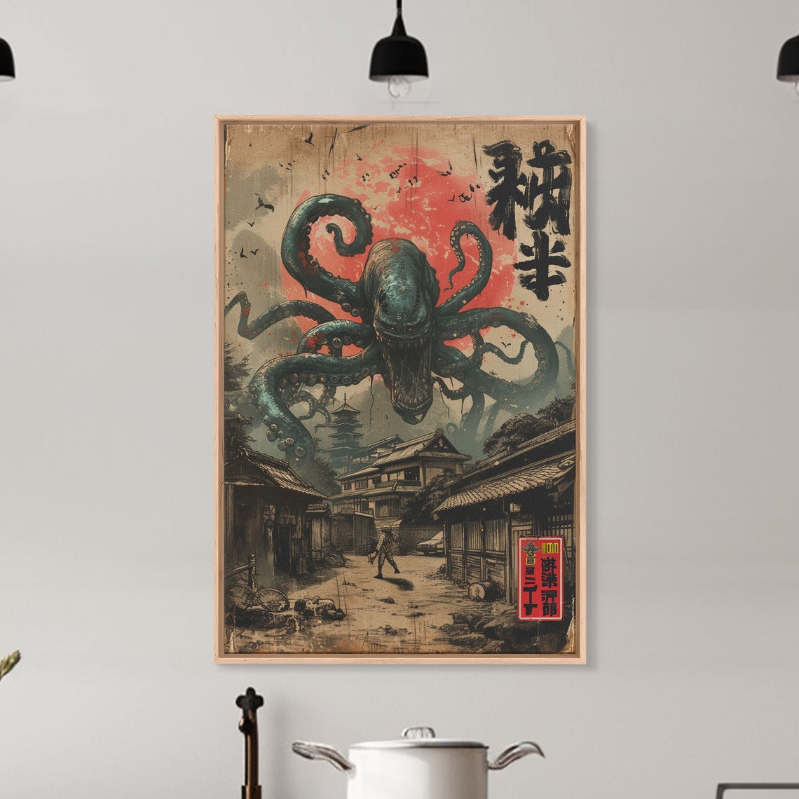 Japanese Sea Monster Octopus Attack Village Vintage Horror Wall Art - Image 4