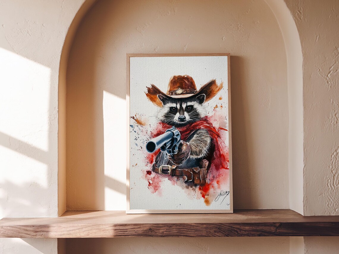 Cowboy Raccoon With Revolver Watercolor Wild West Animal Poster - Image 6