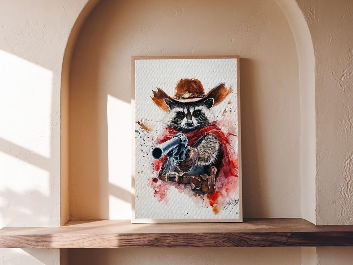 Wild West Racoon Cowboy Watercolor Painting Print Rustic Home Decor Framed Ready To Hang Nuevart - Image 6