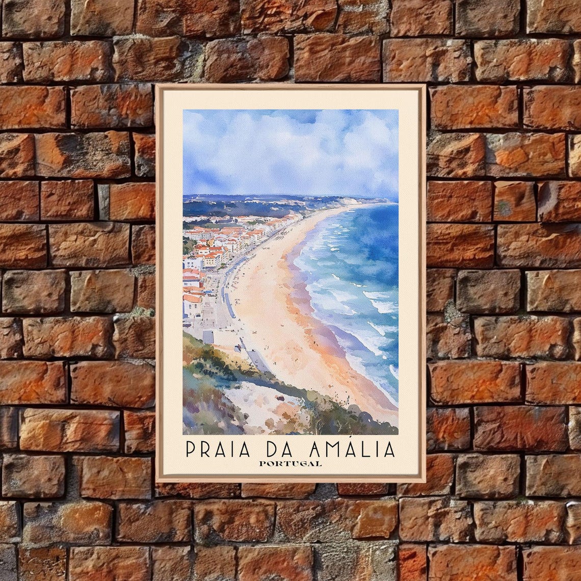 Praia da Amalia Portugal Beach Town Red Roofs Coast Watercolor Poster - Image 4