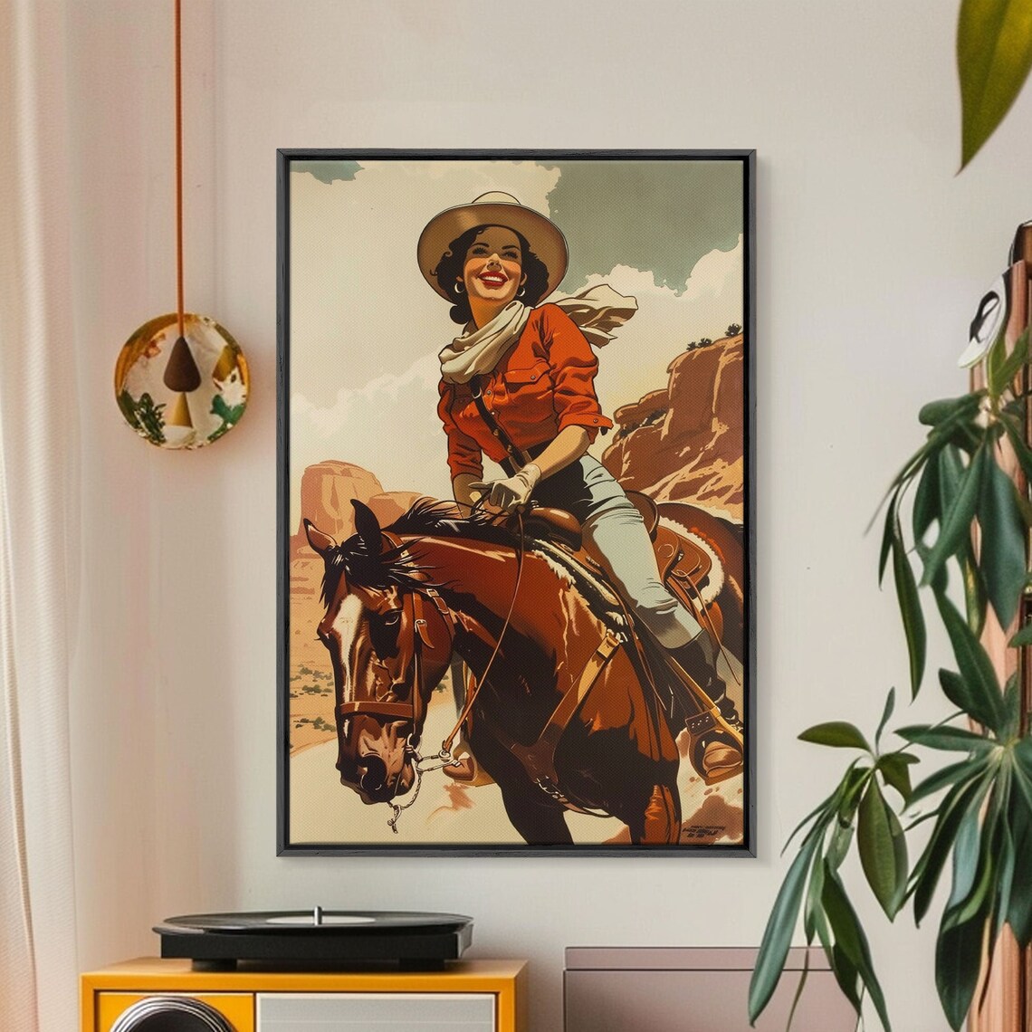 Smiling Cowgirl Riding Horse Through Desert Canyon Retro Poster