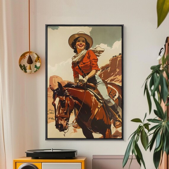 Smiling Cowgirl Riding Through Desert Framed Print Western Wall Art Living Room Decor Rustic Home Decor