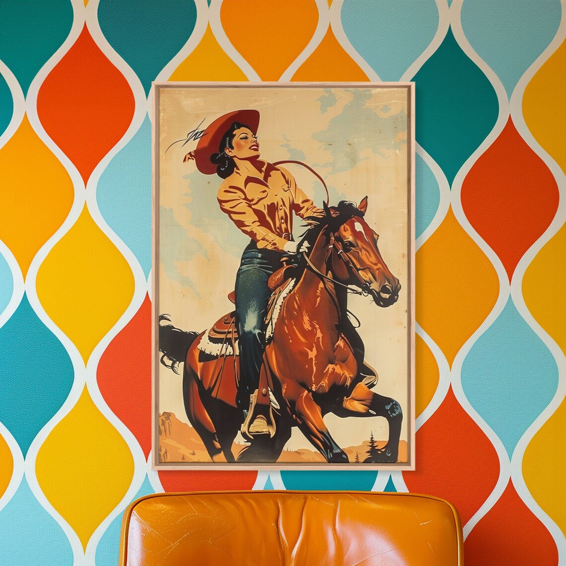 Vintage Cowgirl Riding Rearing Chestnut Horse Western Ranch Poster - Image 5
