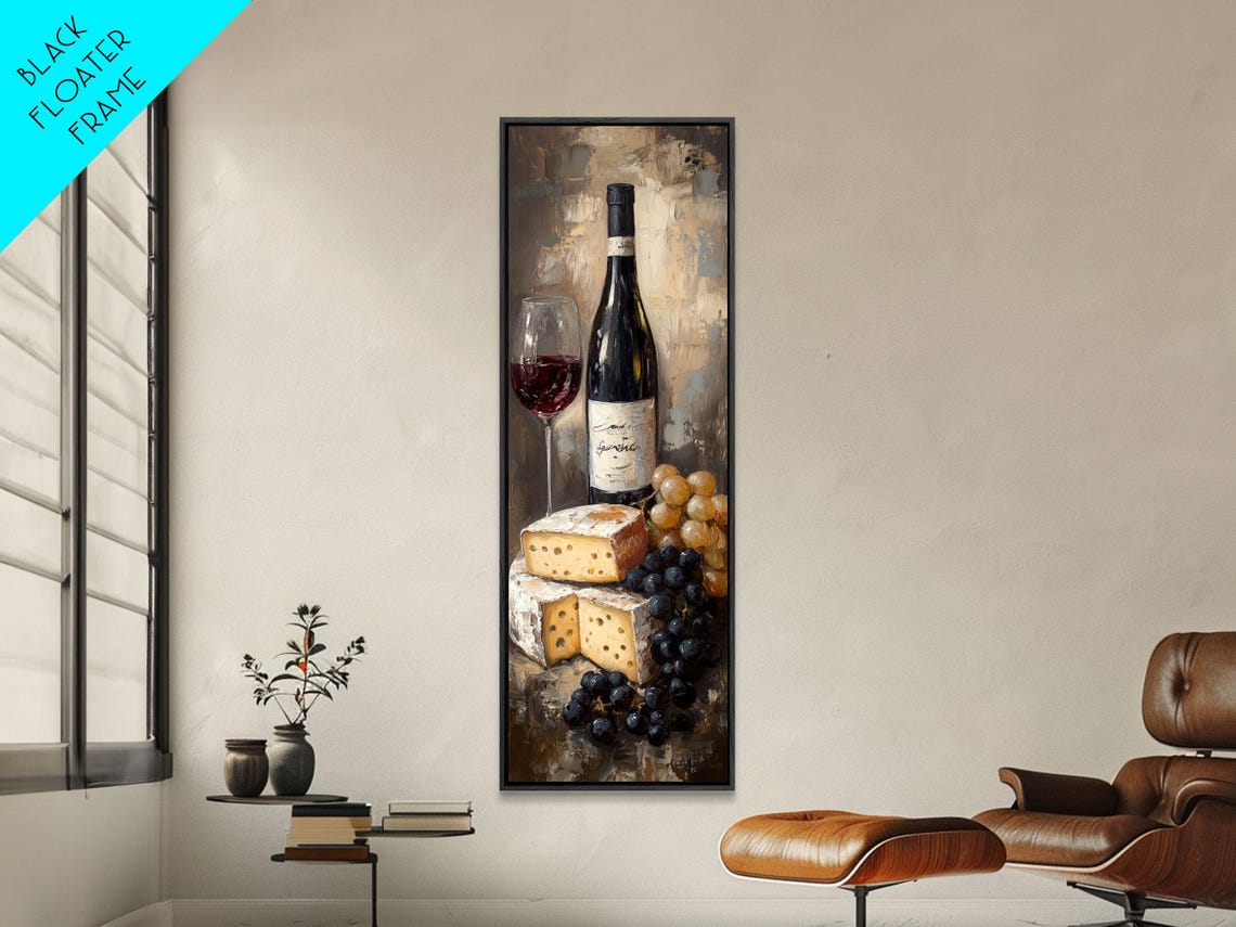 Red Wine Bottle Glass Cheese Grapes Moody Oil Painting Wall Art - Image 3