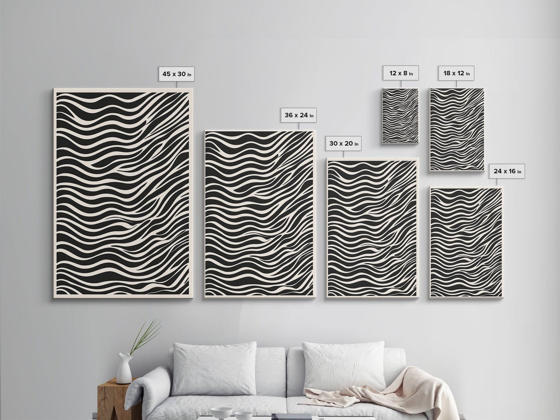 Black And White Ripple Wave Lines Abstract Monochrome Wall Art - Image 2