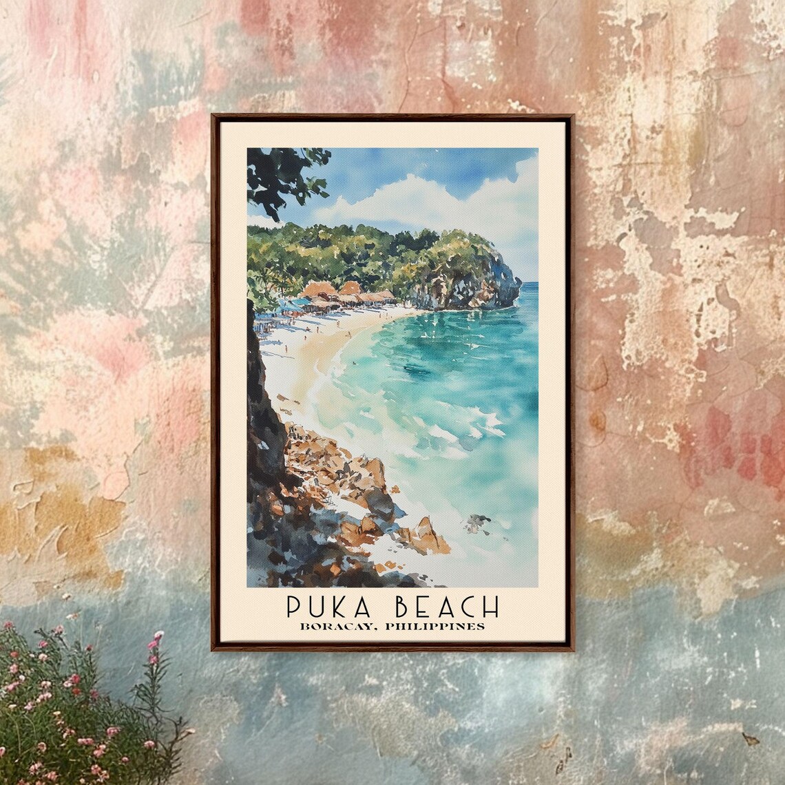 Puka Beach Boracay Philippines White Sand Cove Watercolor Travel Poster