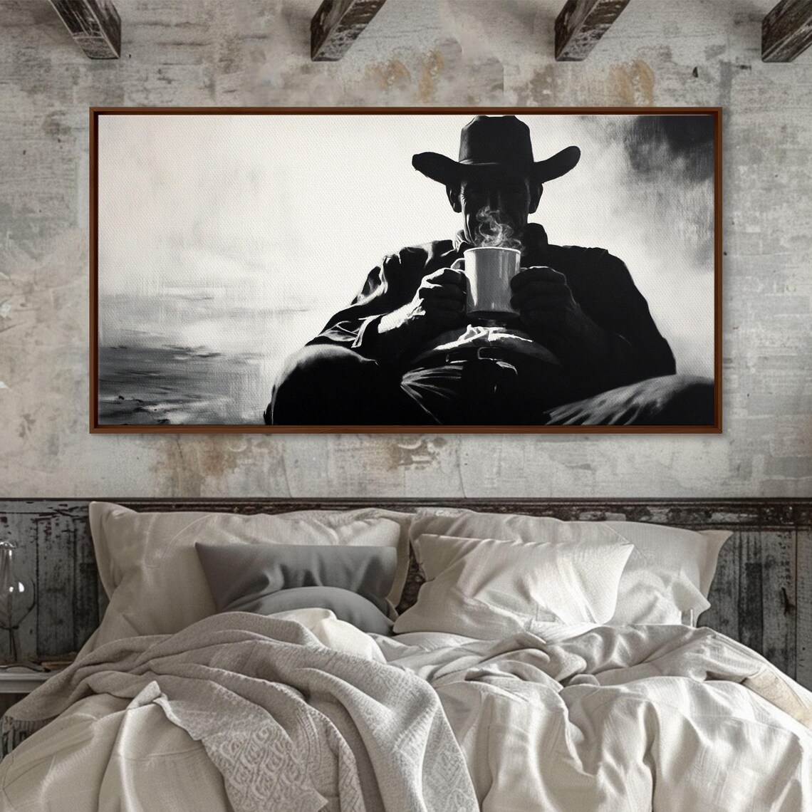 Cowboy Drinking Coffee, Moody Western Farmhouse Art Print