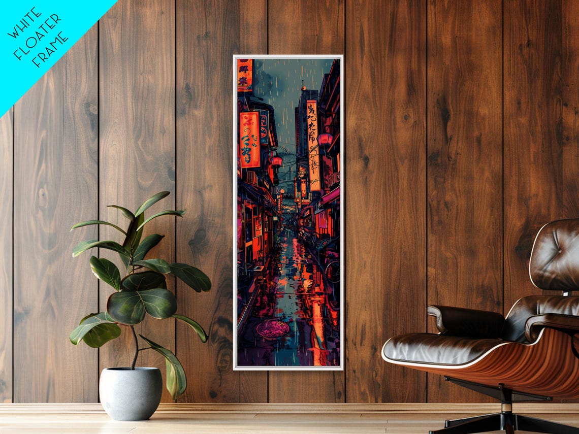 Vibrant Cityscape With Colorful Street Signs Skinny Art Tall Art Framed Print Japanese Style Art Ukiyo E Art Wood Block Print - Image 4