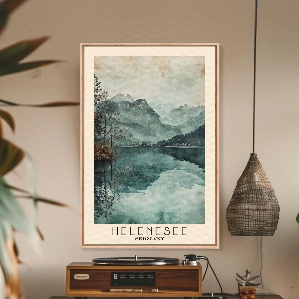 Helenesee Germany Misty Mountain Lake Pine Reflection Watercolor Poster