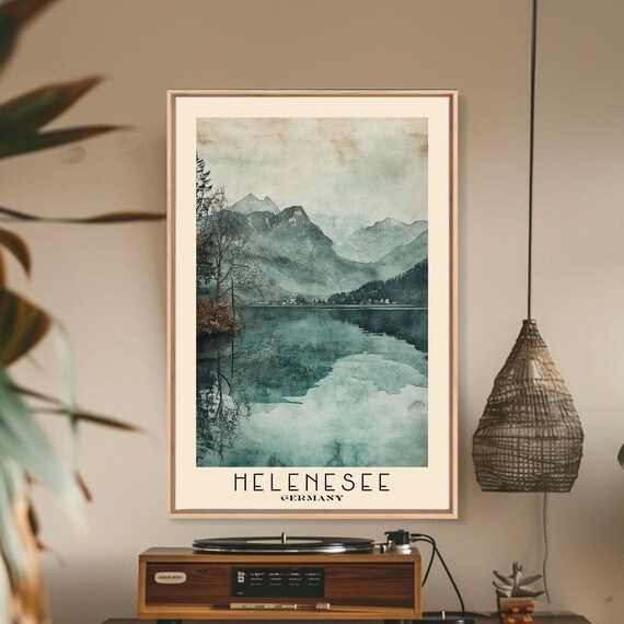 Helenesee Germany Misty Mountain Lake Pine Reflection Watercolor Poster