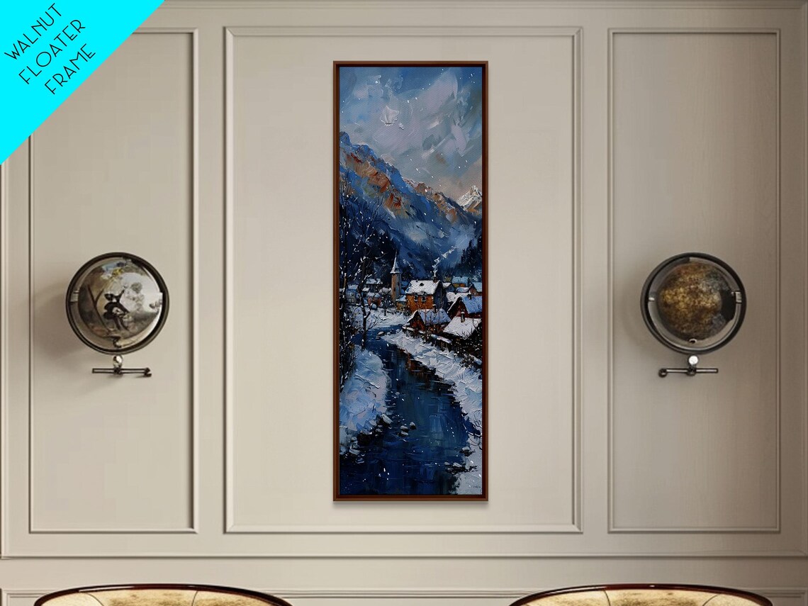 Snowy Winter Village By Frozen River Impasto Alpine Mountain Poster - Image 2