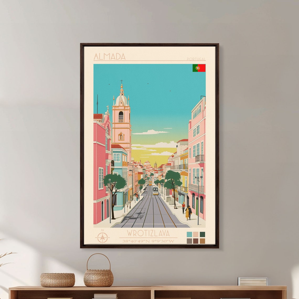 Almada Portugal Sunset Tram Street Bell Tower Pastel Buildings Poster - Image 2