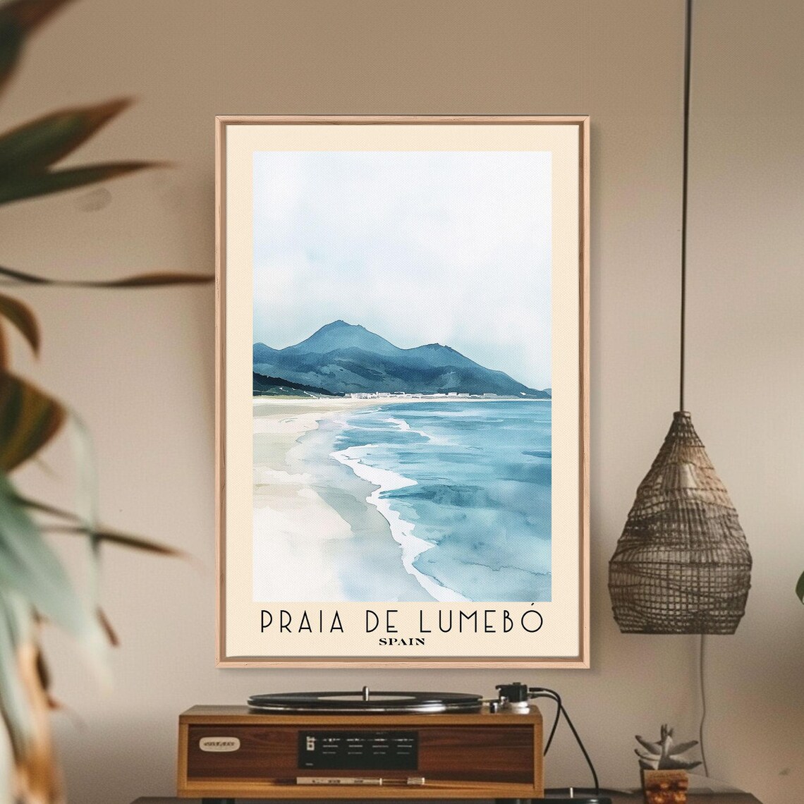 Praia de Lumebo Spain Misty Mountain Shore Minimal Watercolor Travel Poster - Image 2