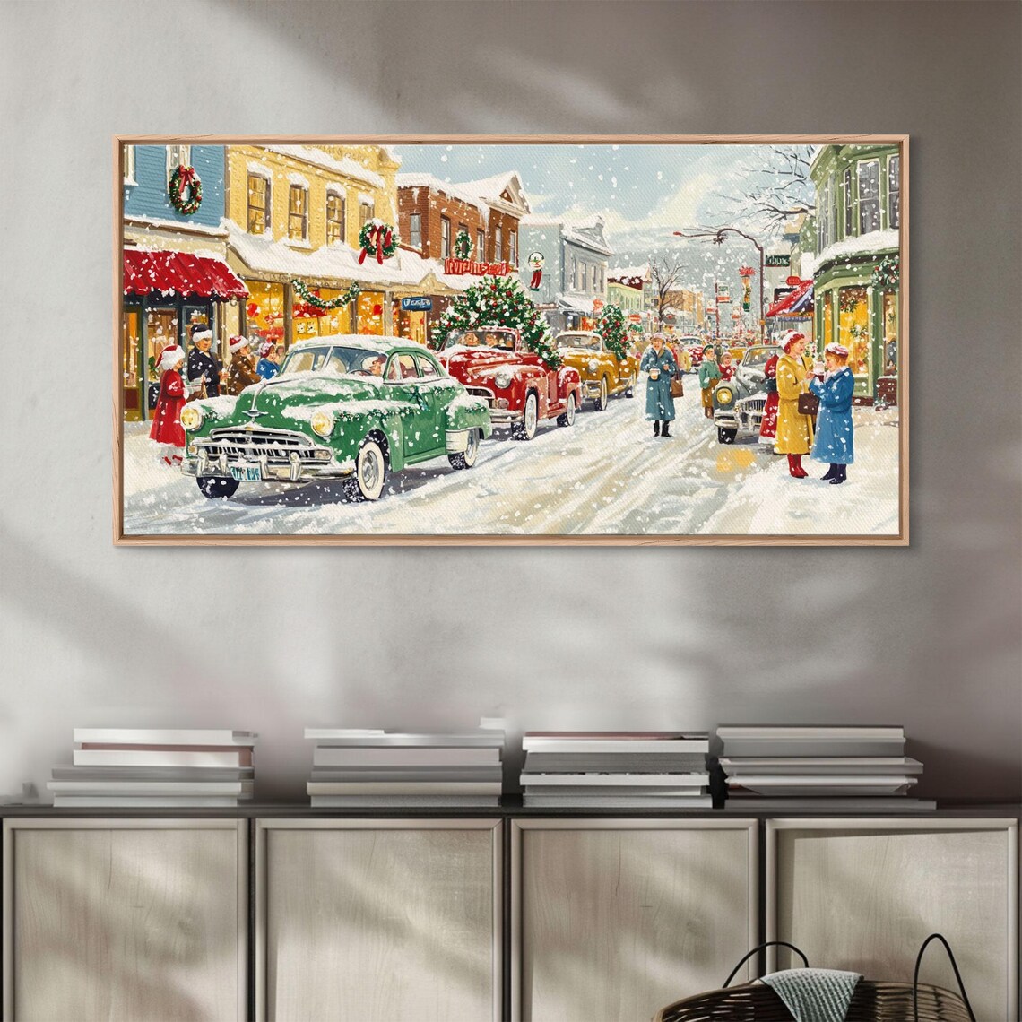 1950s Small Town Main Street At Christmas With Classic Cars Poster - Image 2