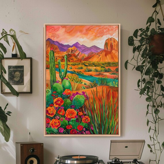 Framed Print Colorful Desert Landscape With Blooming Cacti Beautiful Wall Art For Living Room Or Bedroom Decor
