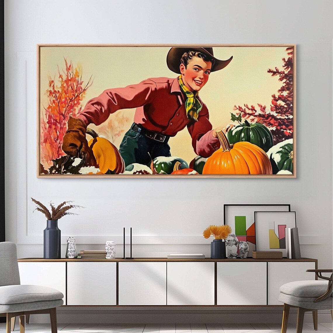 1950s Smiling Cowboy Among Giant Pumpkins With Fall Foliage Vintage Poster - Image 3