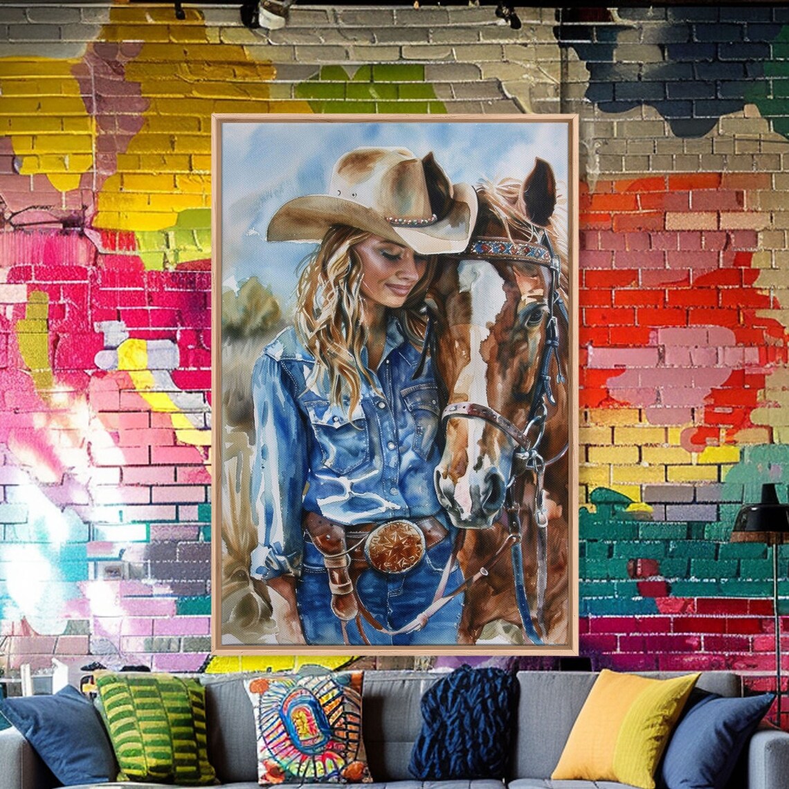 Smiling Cowgirl With Horse Watercolor Western Ranch Life Poster