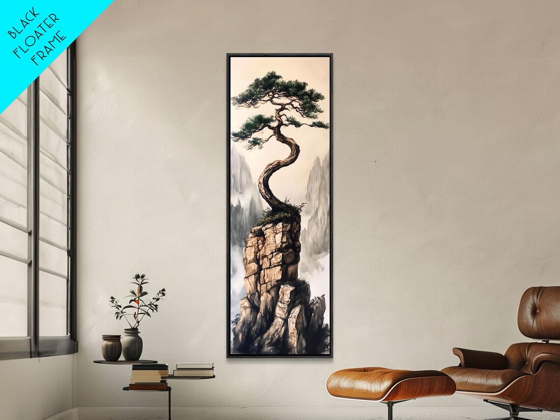 Twisted Pine Tree Rocky Cliff Misty Mountain Asian Ink Painting Style Poster - Image 3