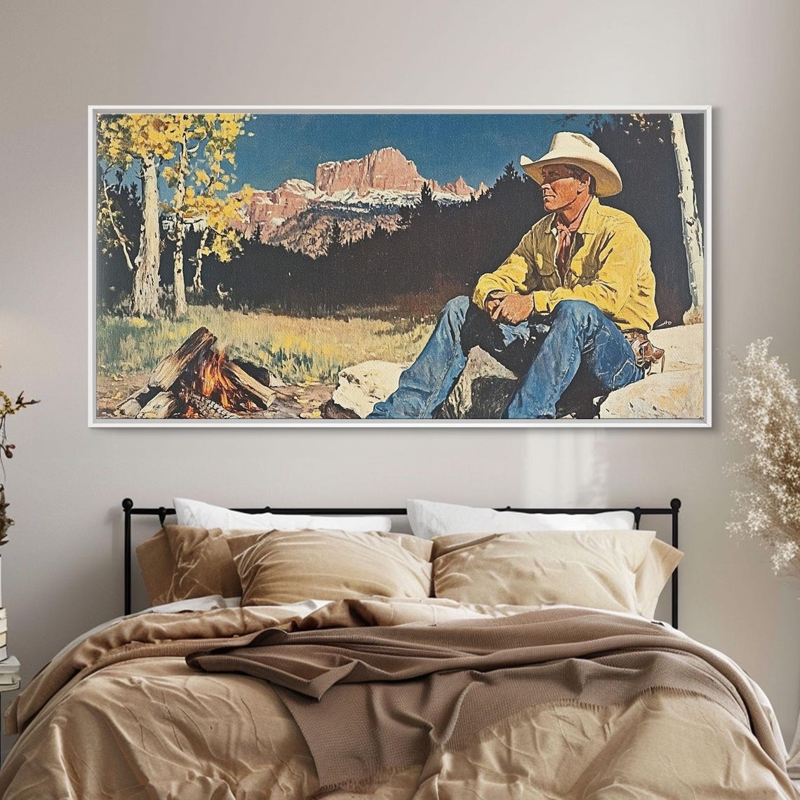 Cowboy Resting By A Campfire With A Mountain Backdrop Art Print - Image 5