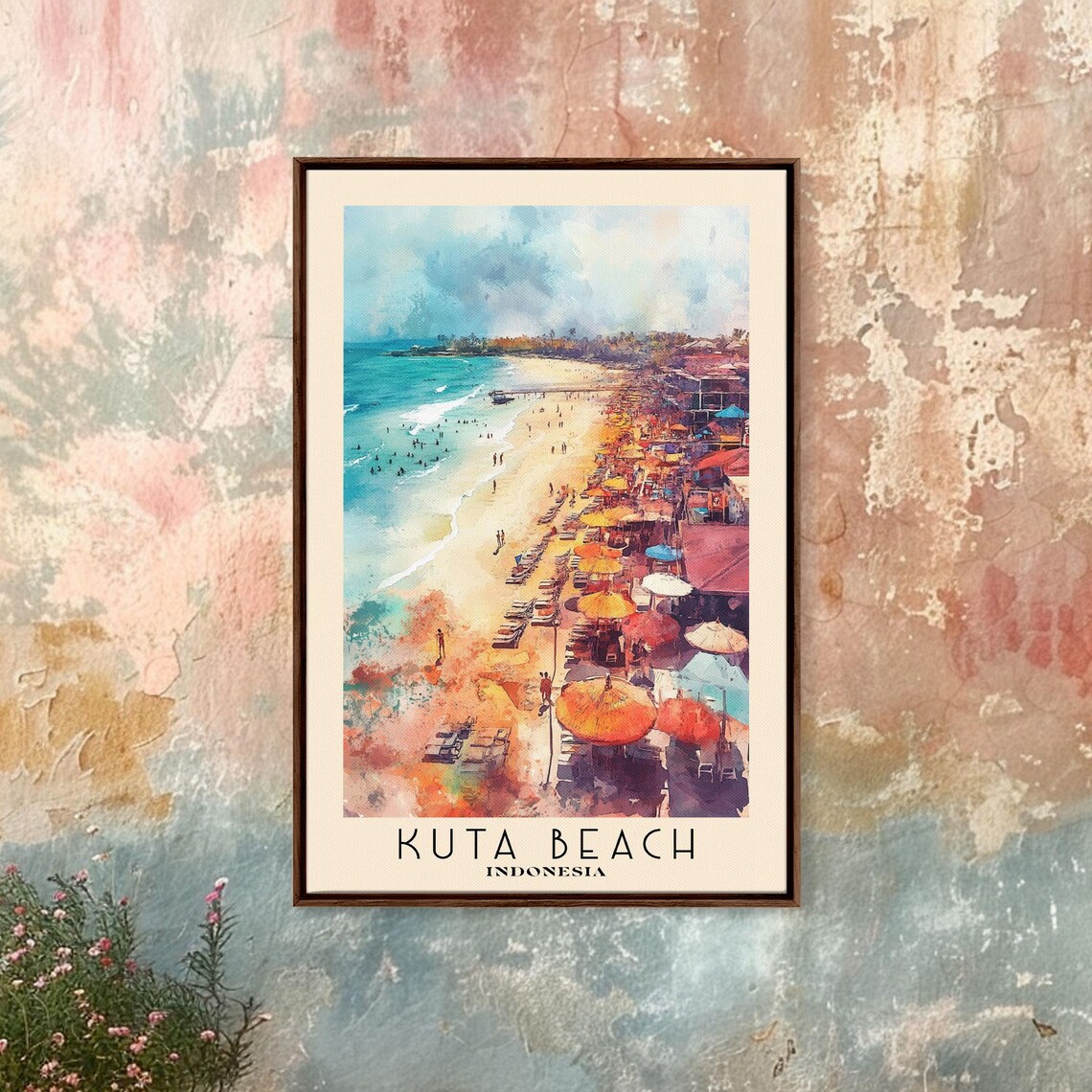 Kuta Beach Indonesia Busy Beach Colorful Umbrellas Surf Watercolor Poster - Image 4