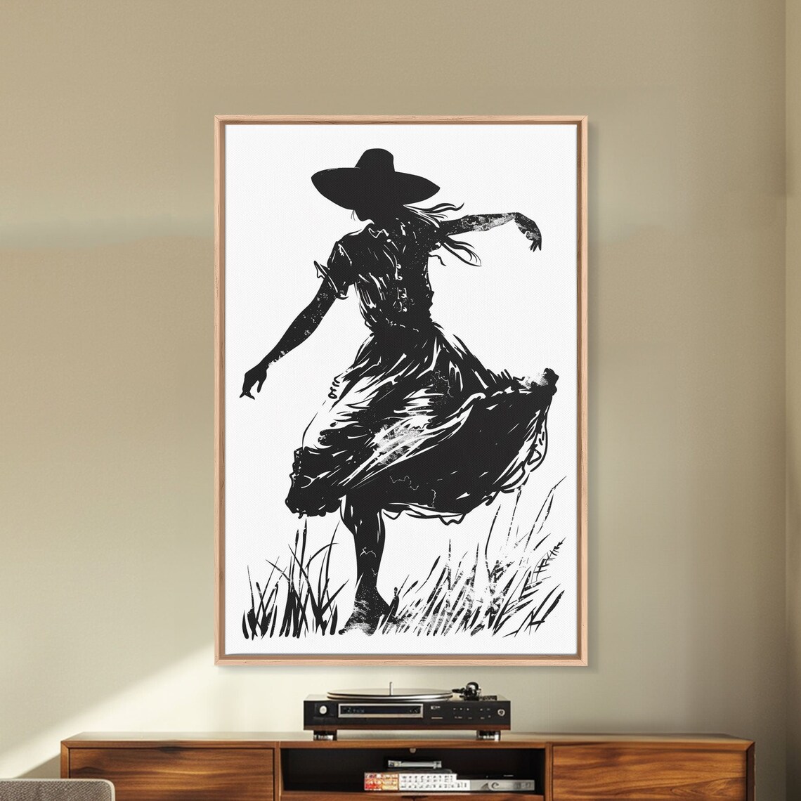 Dancing Country Girl Silhouette Flowing Dress Black Ink Art Poster - Image 2