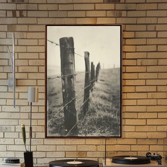Rustic Barbed Wire Fence Sepia Print Framed Wall Art Western Decor For Living Room Vintage Fence Art Farmhouse Decor