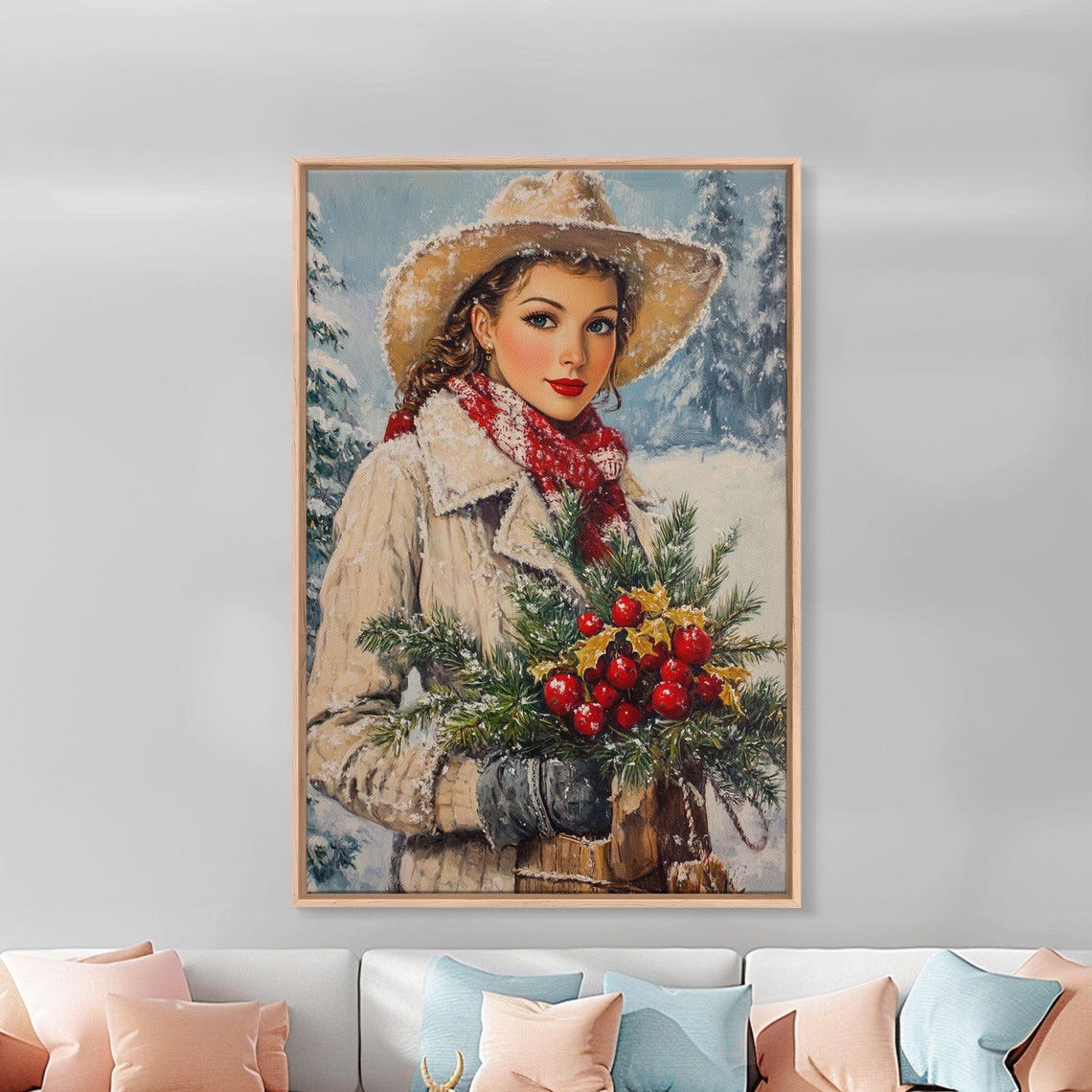 Cozy Christmas Woman Cowboy Hat Holiday Greenery Snow Vintage Wall Art - Image 3